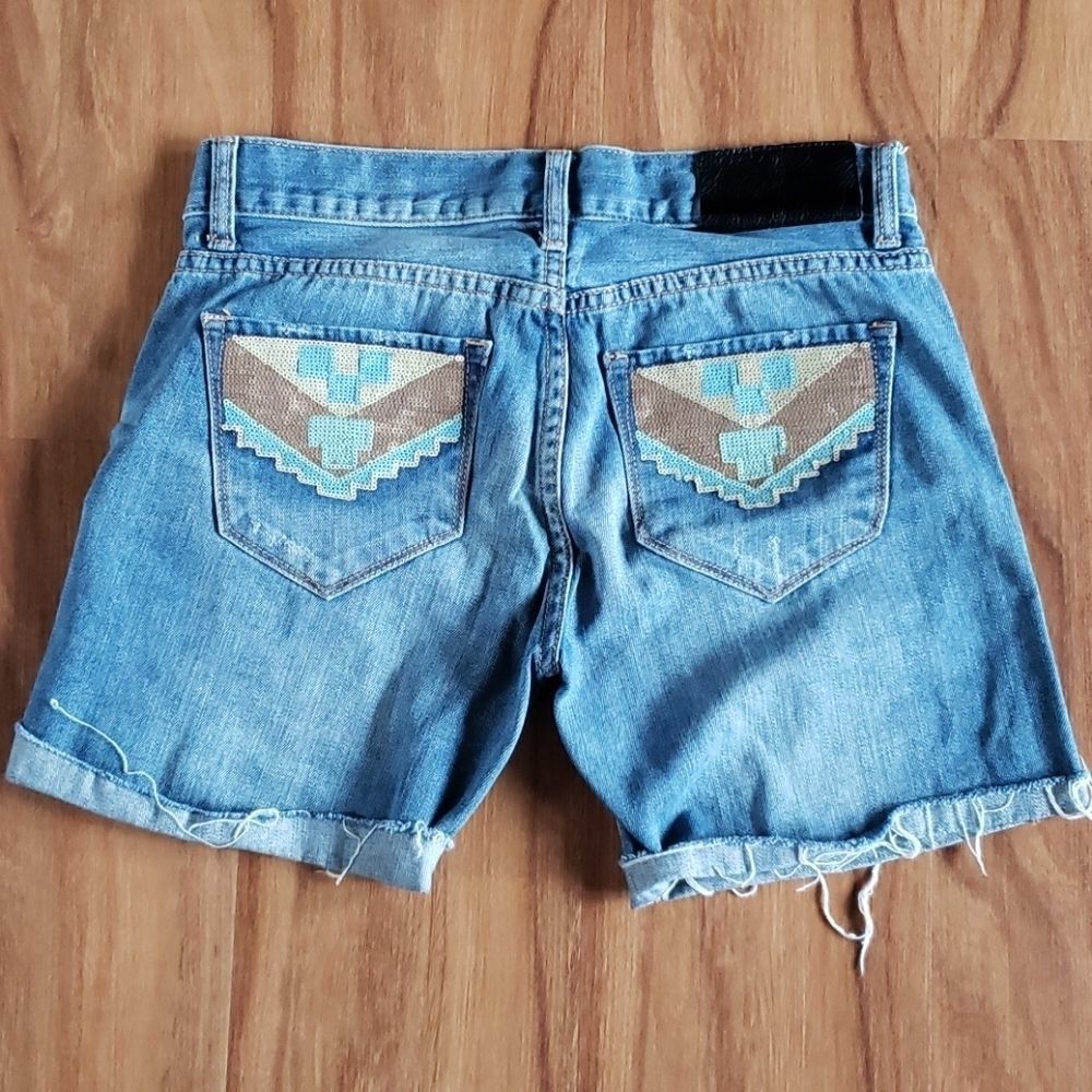 !it jeans 90s Vintage Blue Denim Jean Shorts with Embroidered Pocket Accents